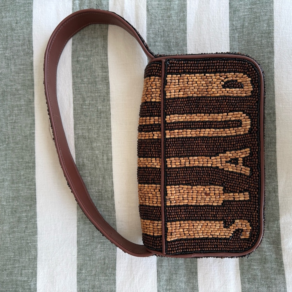 STAUD Beaded Tan and Brown Clutch